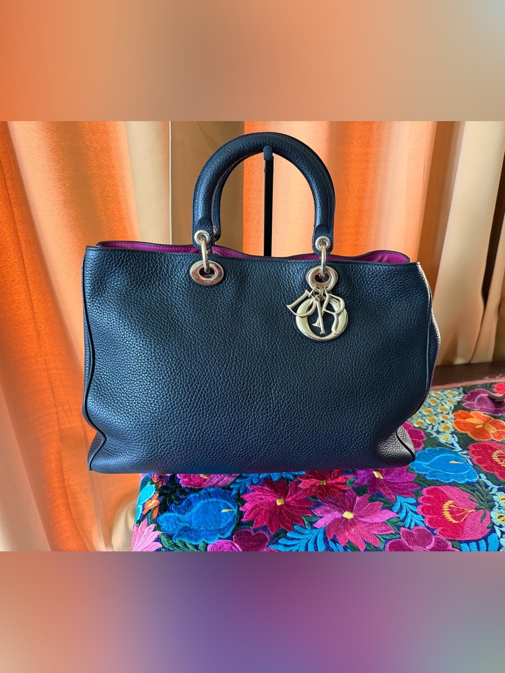 Dior Black Leather Satchel with Pink Interior and Gold Hardware